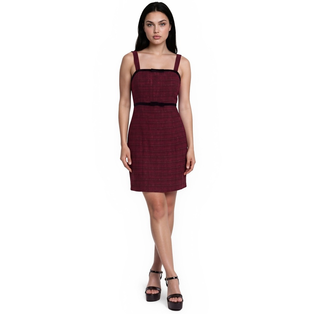 NEW Adrianna Papell Red Tweed Dress Women's Size 12 Black Velvet Trim Holiday